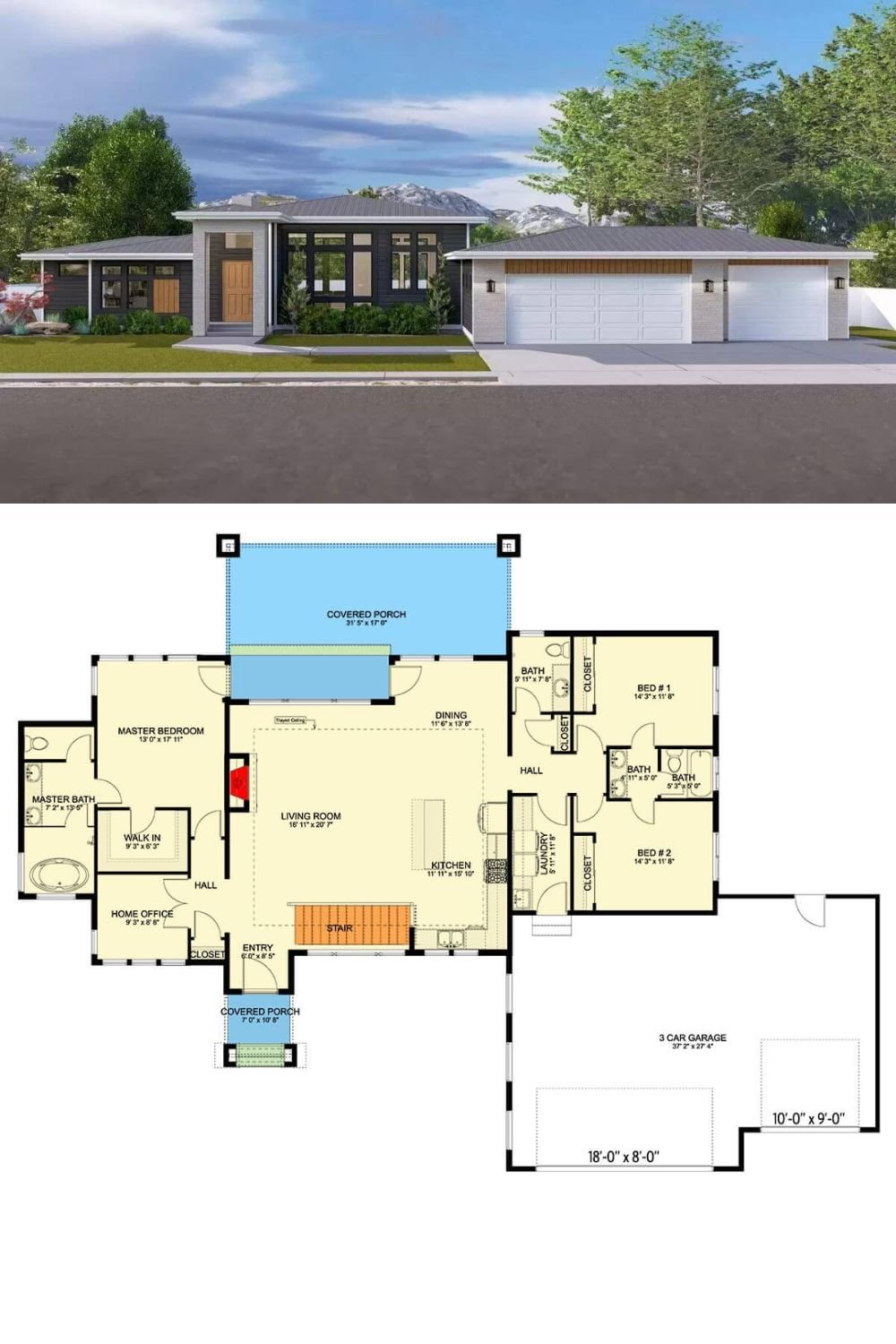 Dark clapboard siding, stone accents, and low hipped rooflines give this 3-bedroom modern prairie home an exquisite curb appeal. It includes a sleek portico and a 3-car garage that accesses the home through the mudroom.