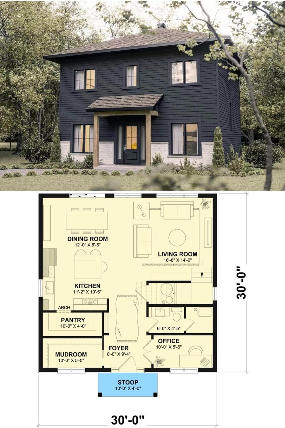 A blend of modern style and rustic charm meets in this 3-bedroom New American home. Its exterior showcases classic horizontal lap siding, brick accents, and a covered entry framed by timber beams, creating a warm and inviting first impression.