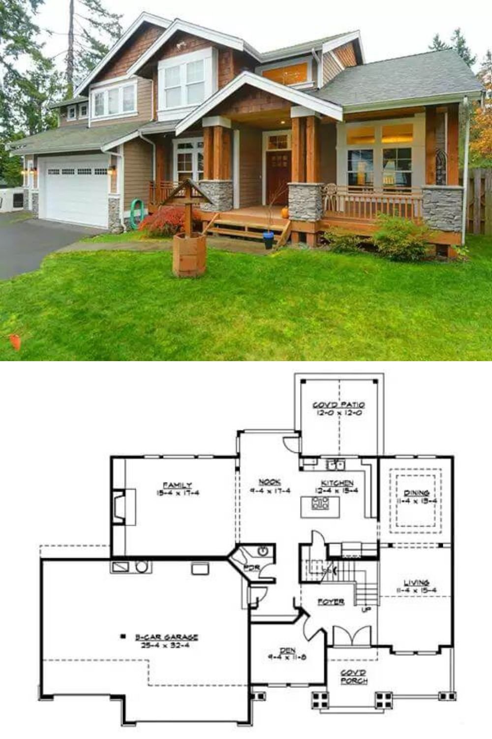 A mixture of clapboard siding, cedar shakes, and stone accents adorns this 3-bedroom craftsman home. It features an inviting front porch and a 3-car garage that enters the home through the utility room.