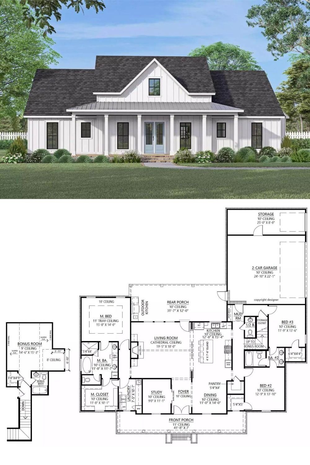This 3-bedroom country style home showcases a fresh and inviting facade with board and batten siding, a center gable, metal roof accents, and a large front porch framed by stately columns.