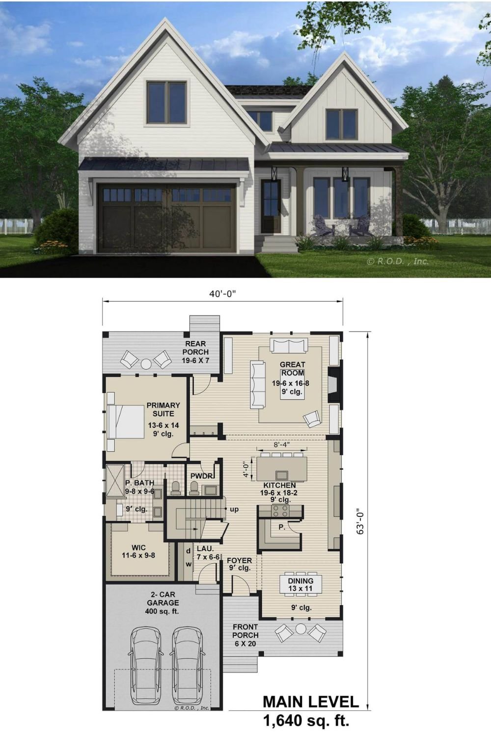 Vertical and horizontal siding, gable rooflines, and a covered entry framed by rustic pillars give this 3-bedroom modern farmhouse a classic curb appeal. It includes a double front-loading garage that accesses the home through the laundry room.