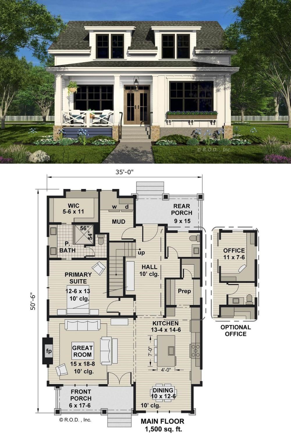 This 3-bedroom modern farmhouse showcases a charming facade with vertical and horizontal siding, a couple of shed dormers, and a welcoming front porch highlighted by brick base columns.