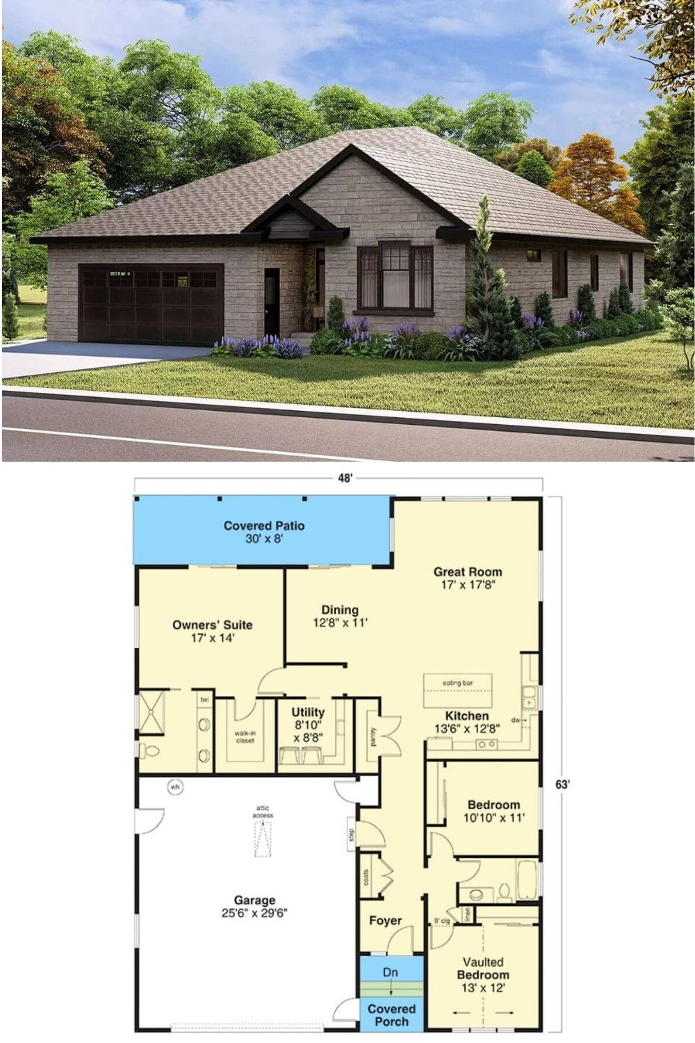 An attractive stone exterior, front-facing gables, and a welcoming front porch give this 3-bedroom traditional home an impeccable curb appeal. It includes a double garage with attic access and a storage closet.
