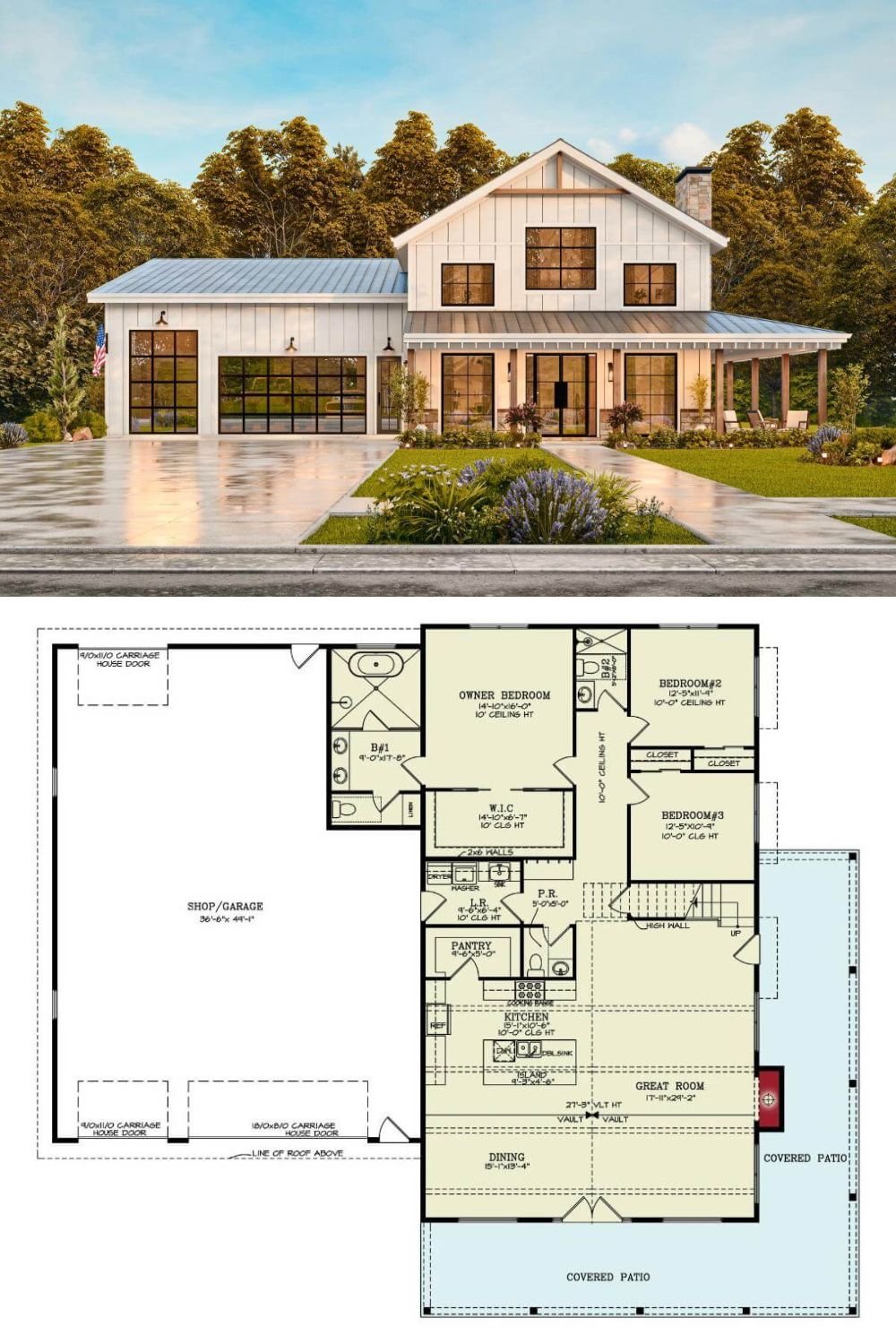 This 3-bedroom modern farmhouse combines contemporary elegance with rustic charm, featuring standing seam metal roofs, crisp white board-and-batten siding, and expansive windows that flood the interior with natural light. The home's exterior is further enhanced by an oversized garage and a wraparound porch, accentuated by exposed rafters and rustic columns.
