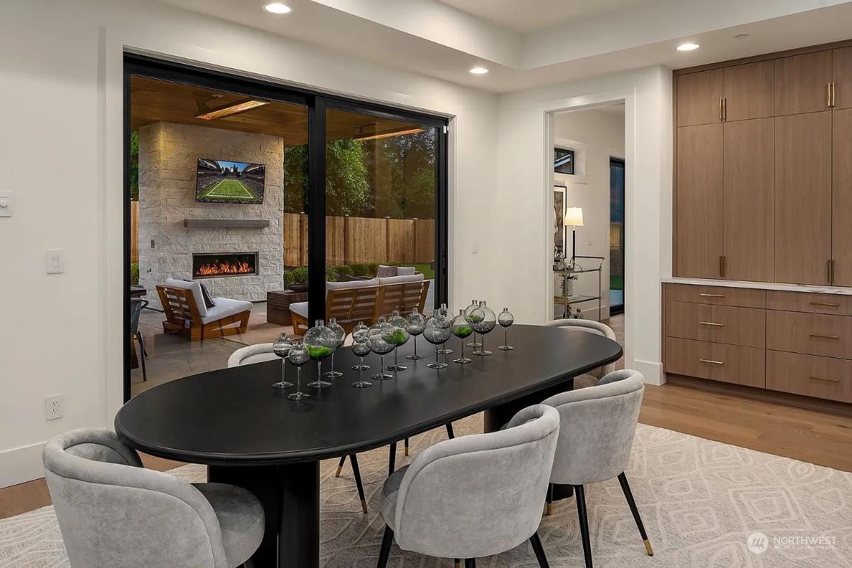 Dining room with a large table.