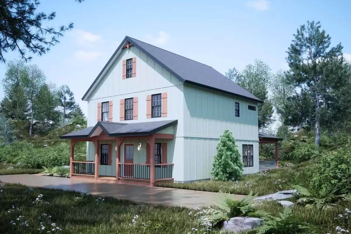 Front-right view with shuttered windows and a covered entry porch.