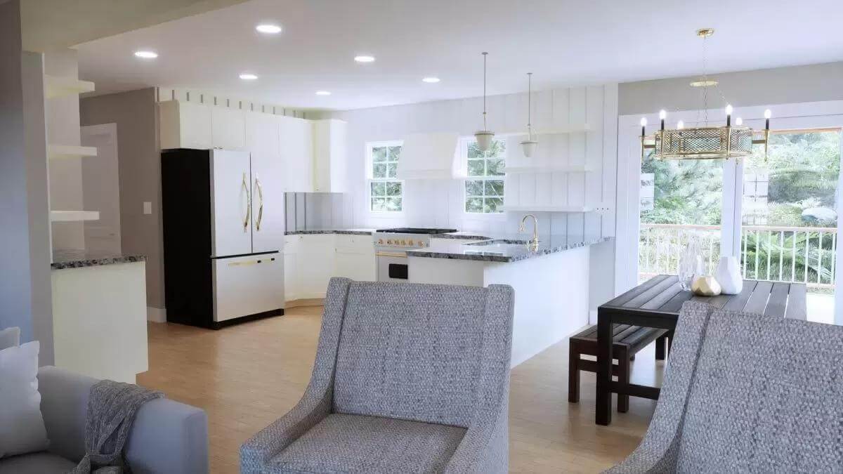 View of the kitchen and dining area from the living room.