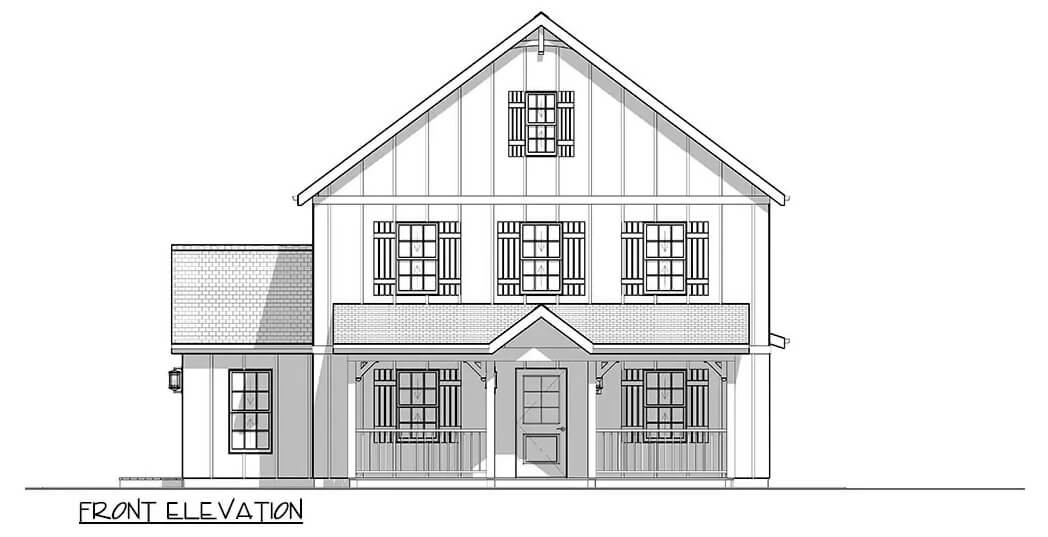 Front elevation sketch of the 3-bedroom country cabin.
