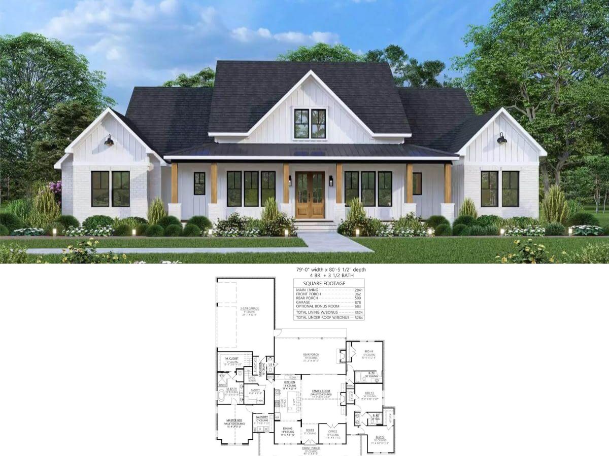 The Black Creek 2 4-Bedroom Farmhouse with Bonus Room and Jack & Jill Bath (Floor Plan)