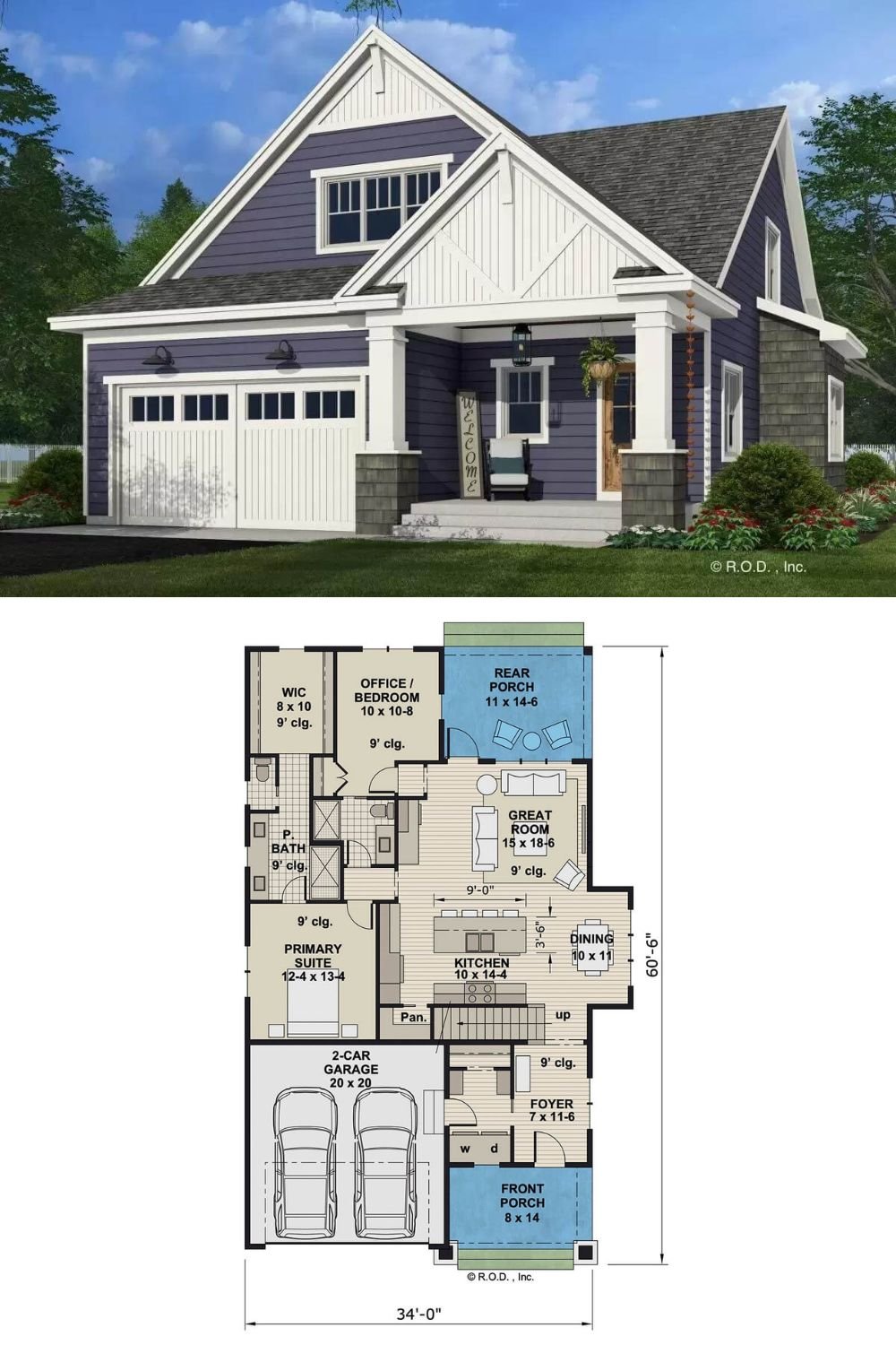 This 4-bedroom bungalow exudes warmth and charm with its horizontal lap siding, decorative gable brackets, and a welcoming front porch supported by stone-based pillars. The double front-loading garage provides convenient entry through the laundry room.