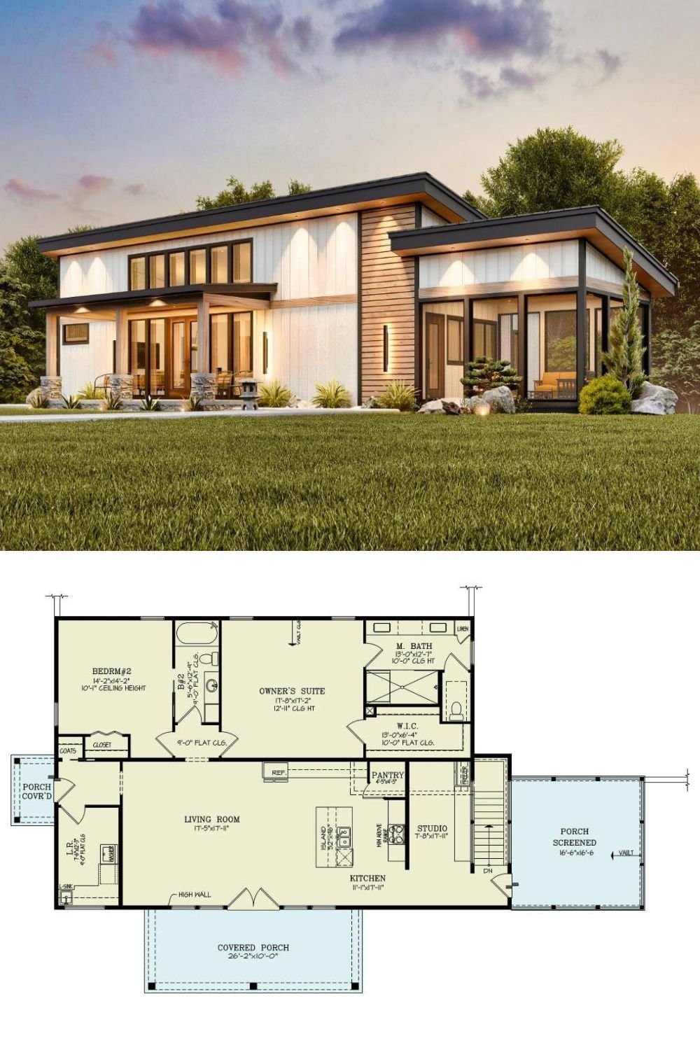 Board and batten siding, warm wood accents and sloping rooflines give this 4-bedroom cottage a modern yet cozy aesthetic.