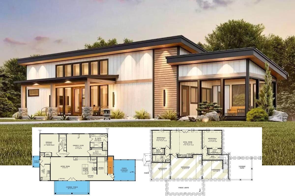 Contemporary Style 4-Bedroom Barndominium with Covered Front Porch and Basement (Floor Plan)