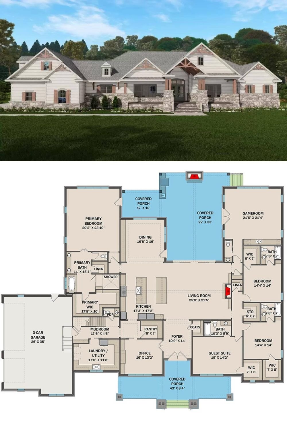A blend of stone, clapboard siding, and warm wood accents gives this 5-bedroom craftsman home a great curb appeal. It includes an inviting front porch and a 3-car side-loading garage with a bonus room above that would make a nice recreation room or a guest retreat.