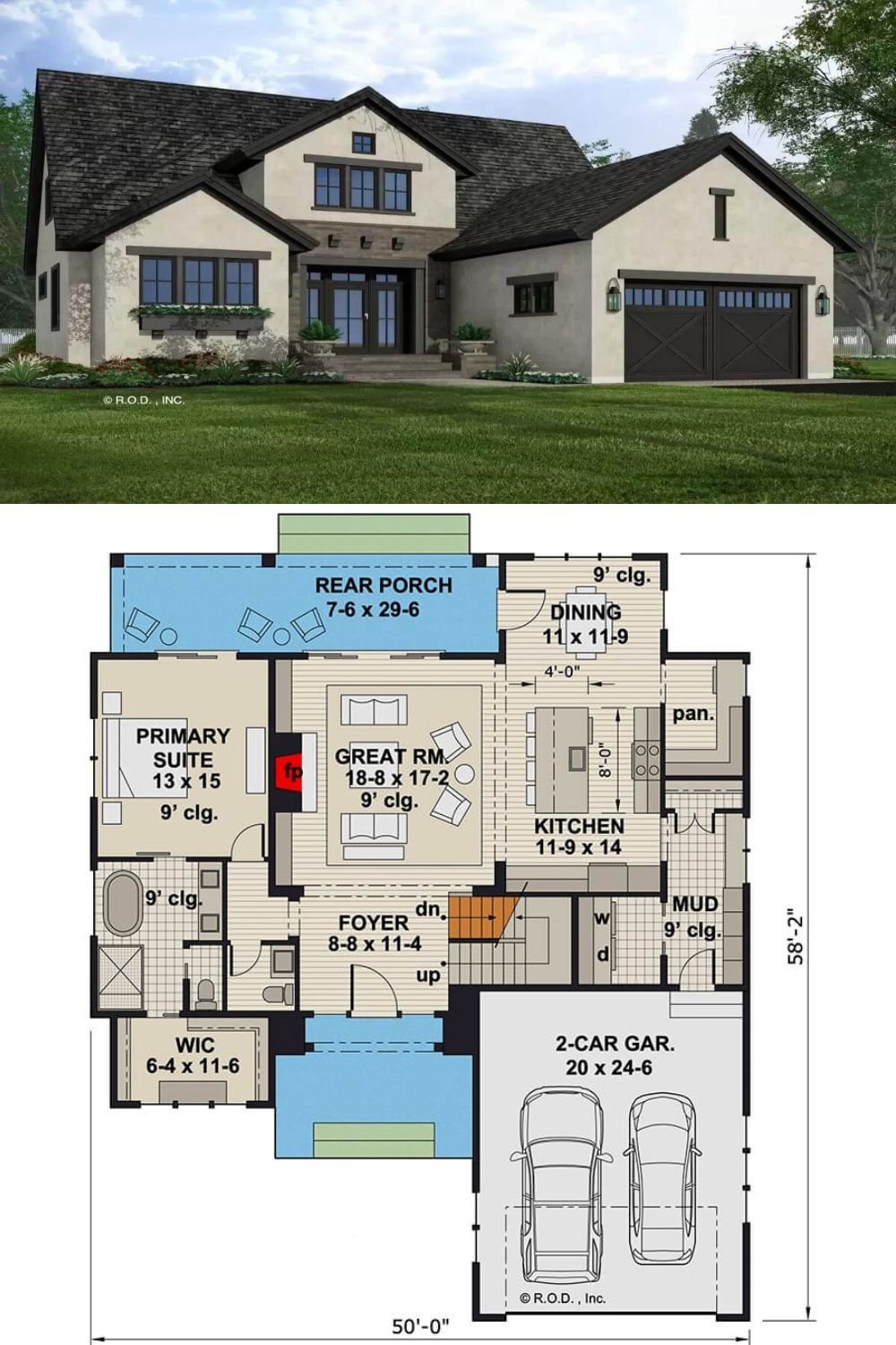 Smooth stucco exterior, stone accents, and gable rooflines grace this 4-bedroom Hill country home. It includes a sleek entry and a double front-facing garage that enters the home through the mudroom.