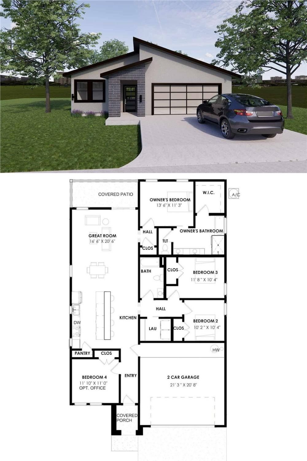 Sloping rooflines, a stucco exterior, and a brick entry give this 4-bedroom mid-century modern home a striking curb appeal.