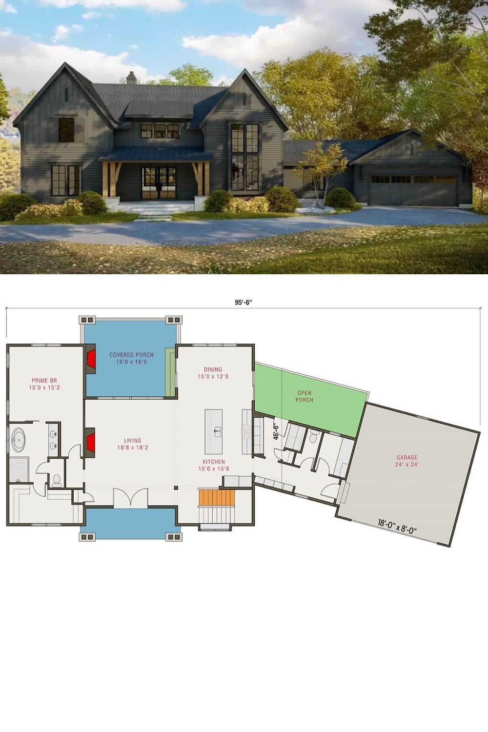 Vertical and horizontal siding, steeply pitched gables, and metal roof accents embellish this 4-bedroom modern farmhouse. It features an inviting front porch and an angled garage that enters the home through the angled garage.