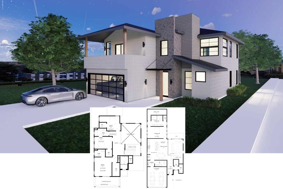Modern Style 4-Bedroom Home with Balcony and 2-Car Garage (Floor Plan)