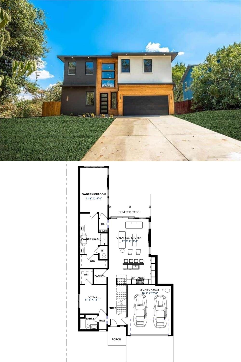 This 4-bedroom modern home is embellished with a stucco exterior in a striking contrasting palette, complemented by natural wood accents that add warmth and comfort. Sleek windows invite ample natural light, enhancing the home's contemporary design. It includes a sleek entry and a double garage that both open into the foyer.