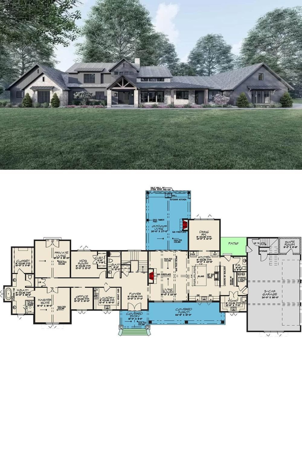 This 4-bedroom modern mountain home features a sprawling floor plan embellished with board and batten siding, stone accents, metal awnings, and an inviting front porch framed by rustic timbers.
