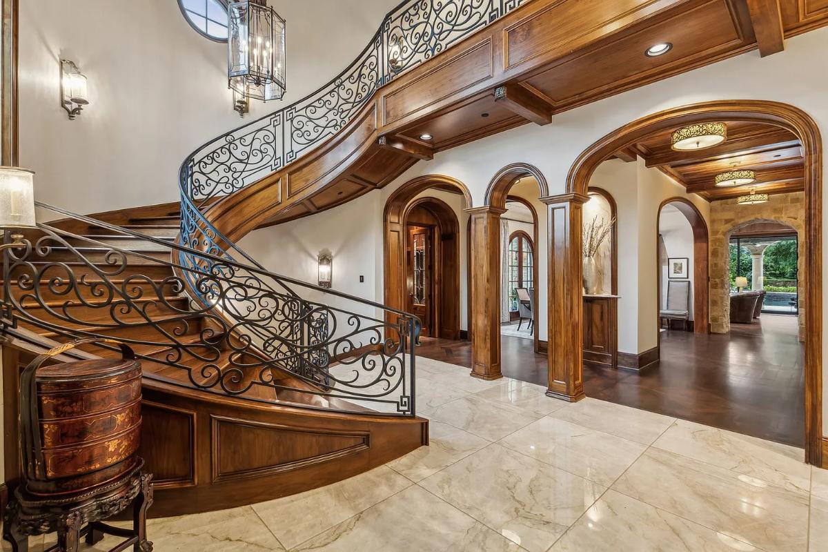 Stairs with metal railings.