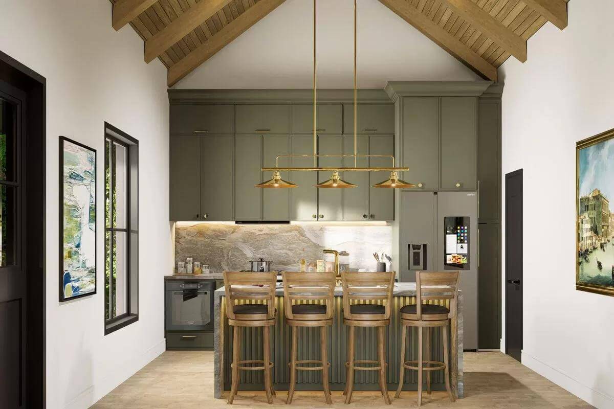 Kitchen with custom cabinetry, a center island, and a cathedral ceiling accentuated by exposed beams.