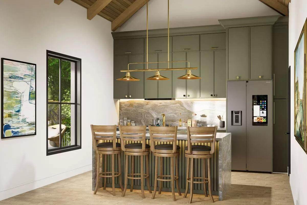 A large window brings natural light into the kitchen.