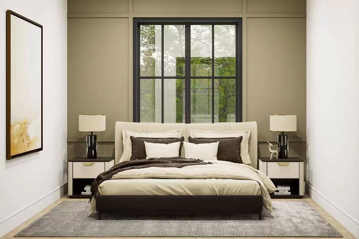 Bedroom with a platform bed flanked by modern nightstands.
