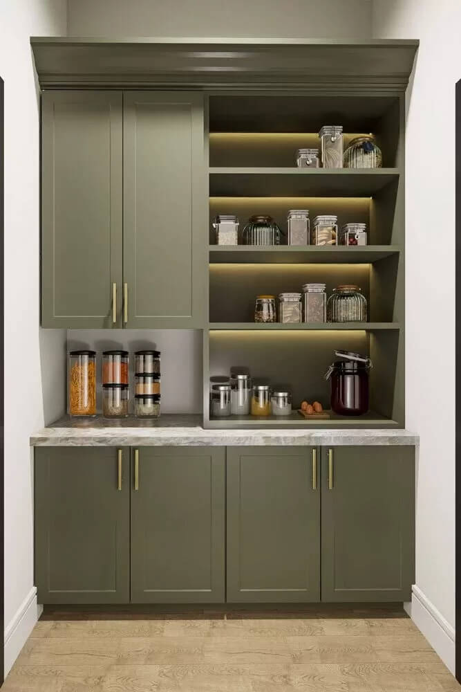 Pantry with gray cabinets, built-in shelves, and a marble countertop.