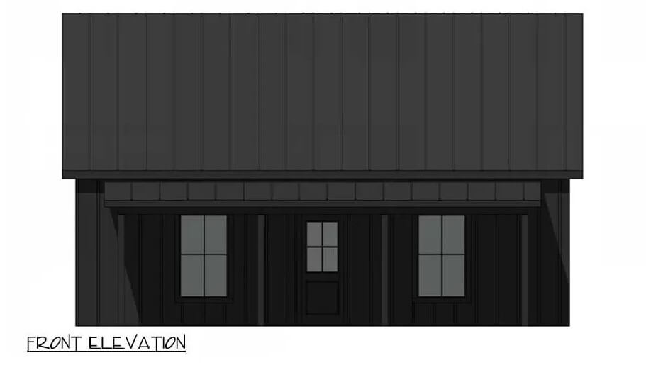 Front elevation sketch of the farmhouse style 2-bedroom ADU.