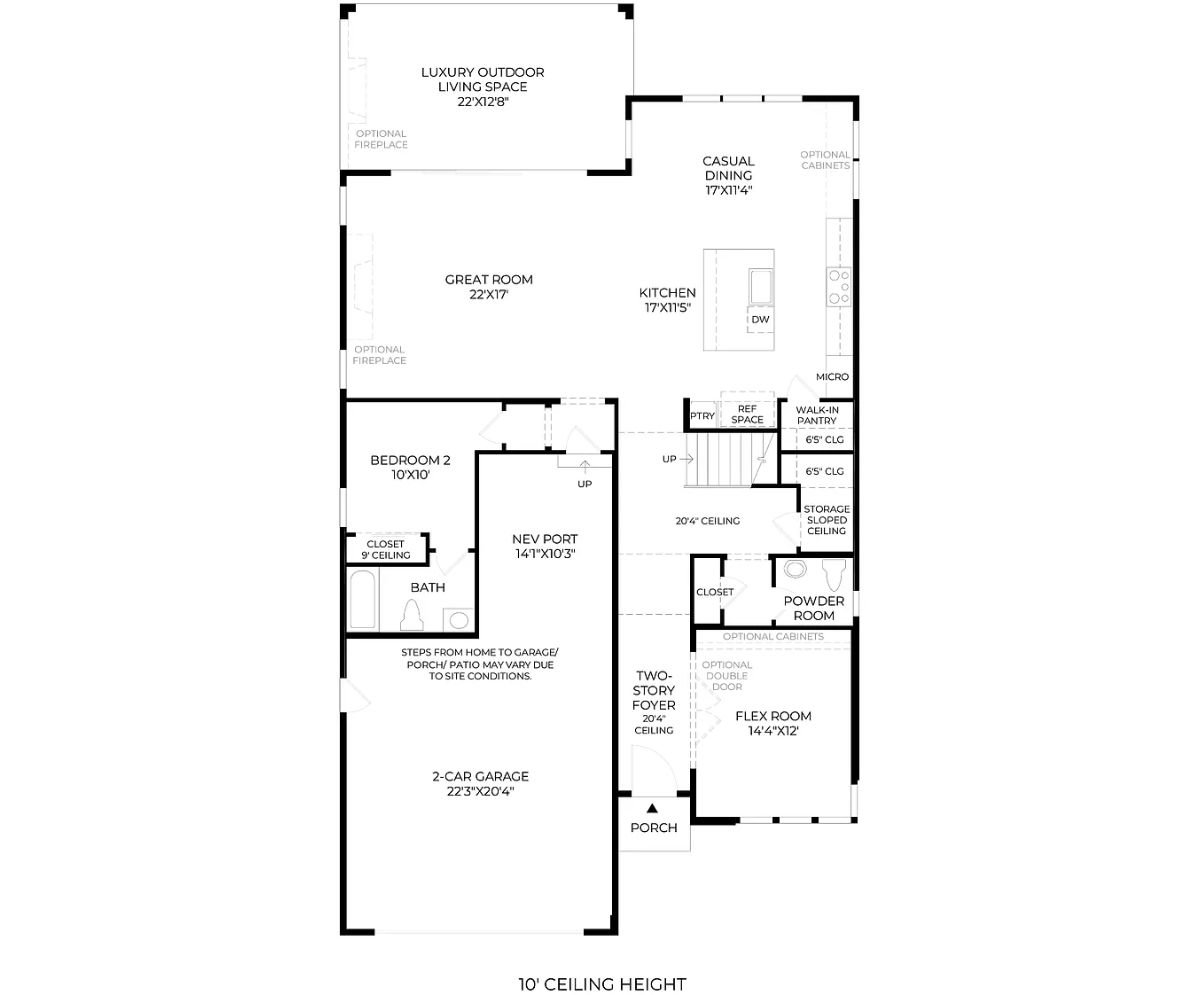 A first-floor plan with a living room, dining room, great room, kitchen, flex room, bedrooms, bathrooms, and a garage.