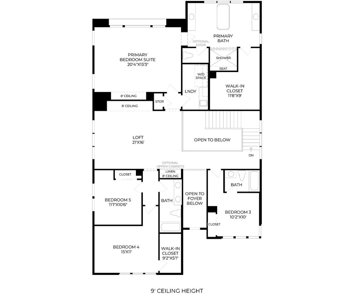 A second-floor plan with bedrooms, bathrooms, closets, and a loft.