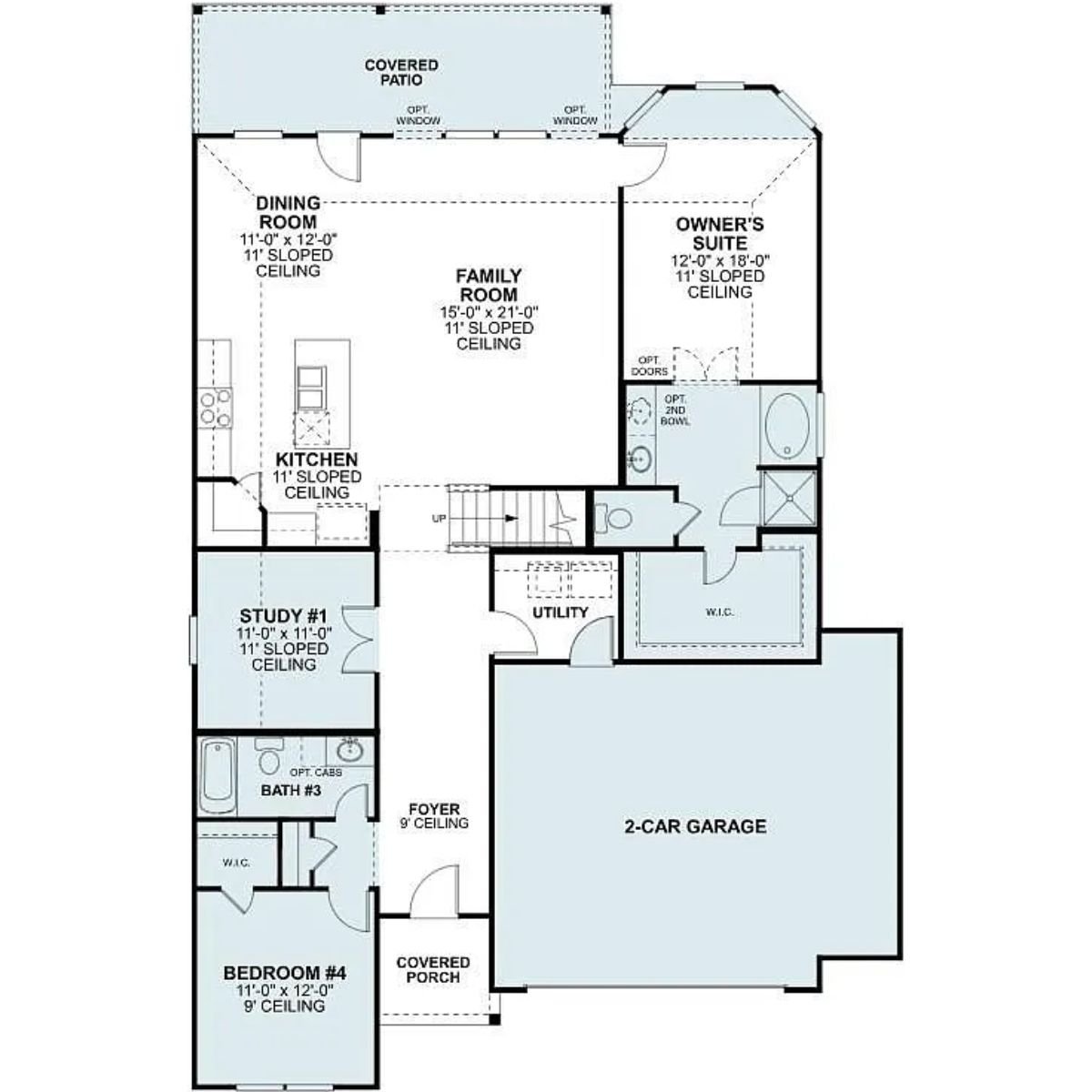 A floor plan with a patio, garage, bedrooms, bathrooms, a family room, dining room, kitchen, study room, and foyer.