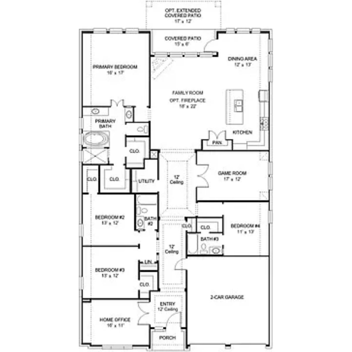 A floor plan with a garage, a patio, a home office, a family room, a dining room, a kitchen, bedrooms, and bathrooms.