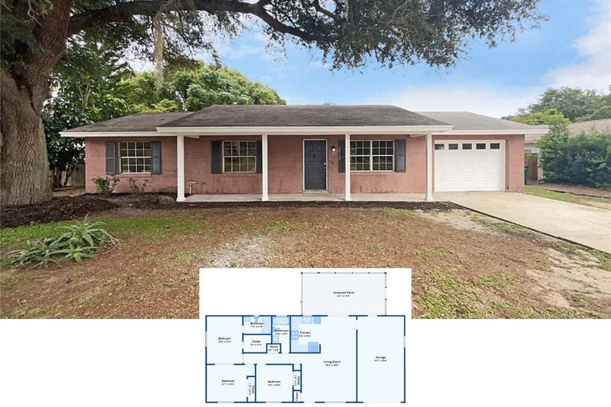 3-Bedroom Single Family Home with Screened Patio (1,100 Sq. Ft. Floor Plan)