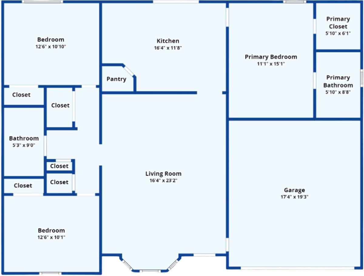 A floor plan with bedrooms, bathrooms, closets, a living room, a kitchen, and a garage.