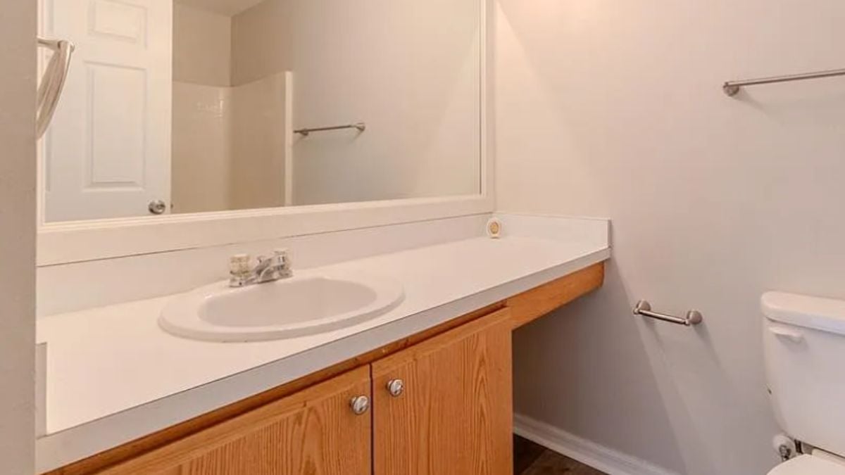 A bathroom with a vanity and a toilet.