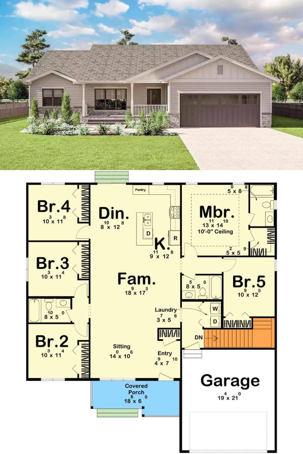 This 5-bedroom country style home features a charming facade with horizontal lap siding, stone accents, multiple gables, and an inviting front porch framed by white pillars and railings. It includes a double garage that enters the home through the mudroom.