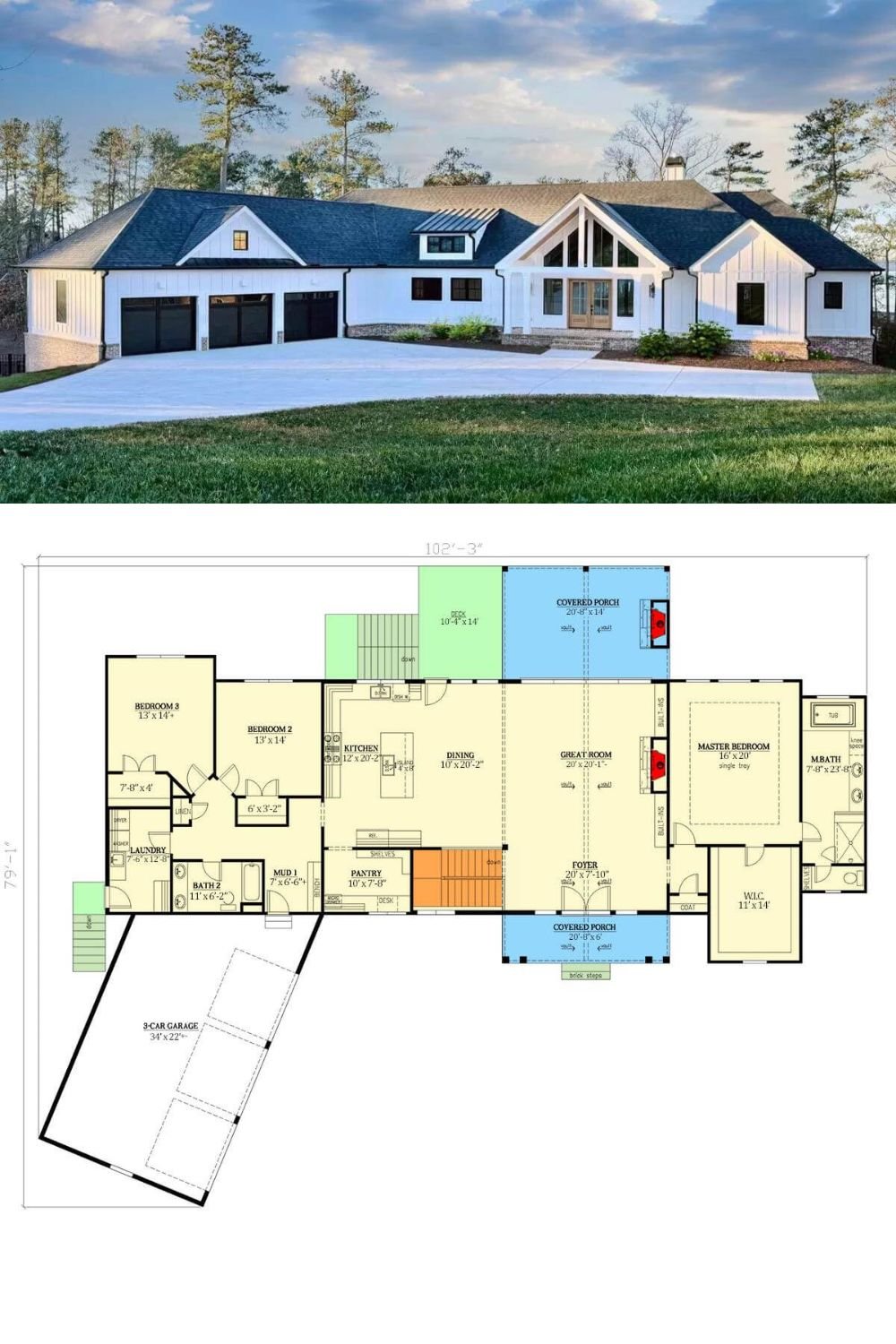 Board and batten siding, stone trims, and a gabled entry give this 5-bedroom New American home a great curb appeal. It includes an angled 3-car garage that connects to the home through the mudroom.