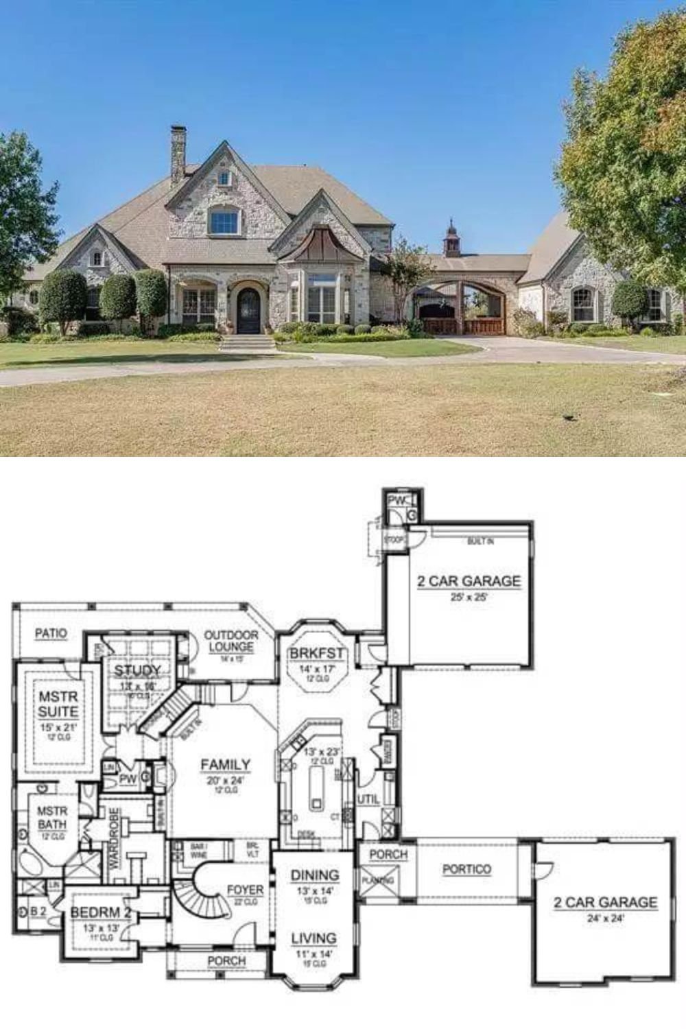 A stately stone exterior, gable rooflines, and decorative archways framing the windows, porte-cochere, and front porch embellish this 5-bedroom traditional home.