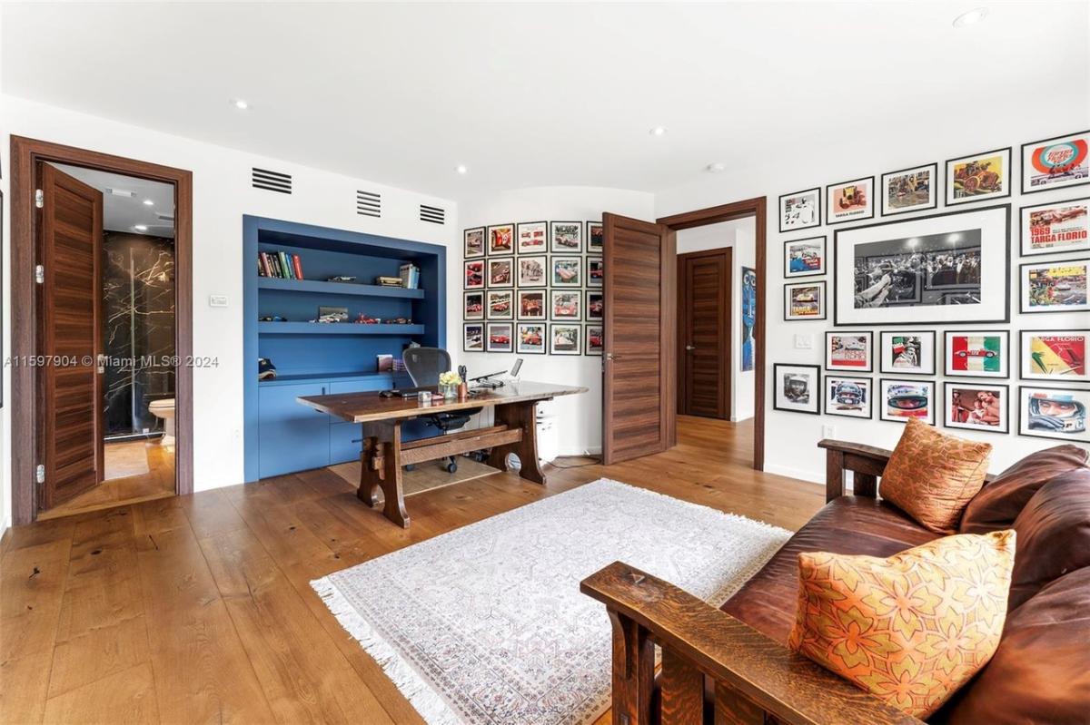 Home office with a hardwood desk.