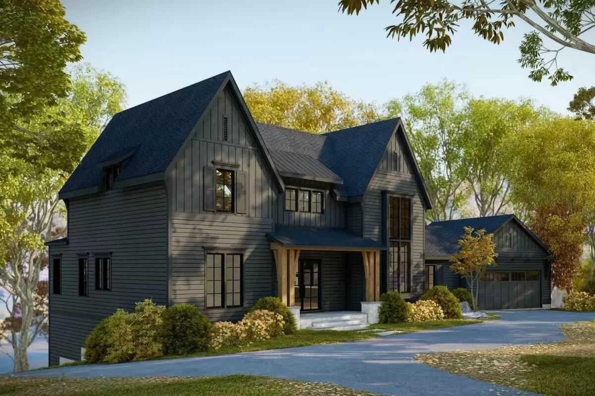 Front-left view with gable rooflines and a covered entry porch.