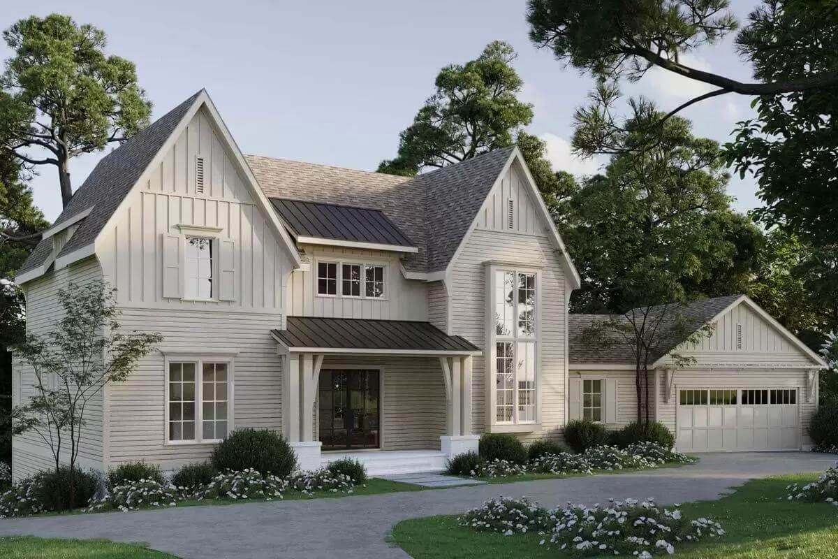 Alternate exterior with white vertical and horizontal siding.