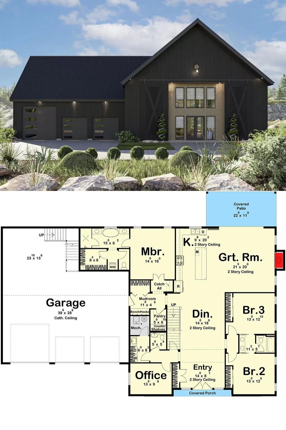 This 6-bedroom home exudes rustic charm with dark board and batten siding, natural wood accents, and large barn doors that add to the home's curb appeal. A 3-car garage connects to the home through the mudroom.