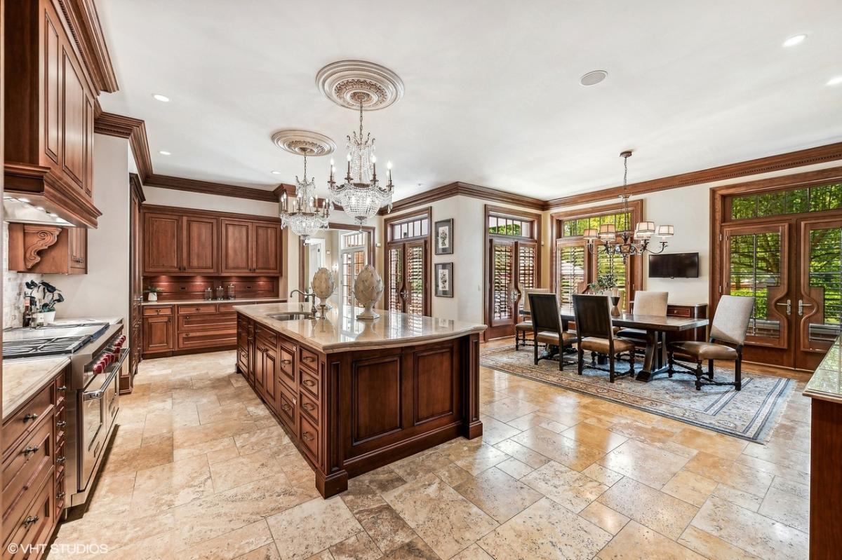 Kitchen with chandeliers.