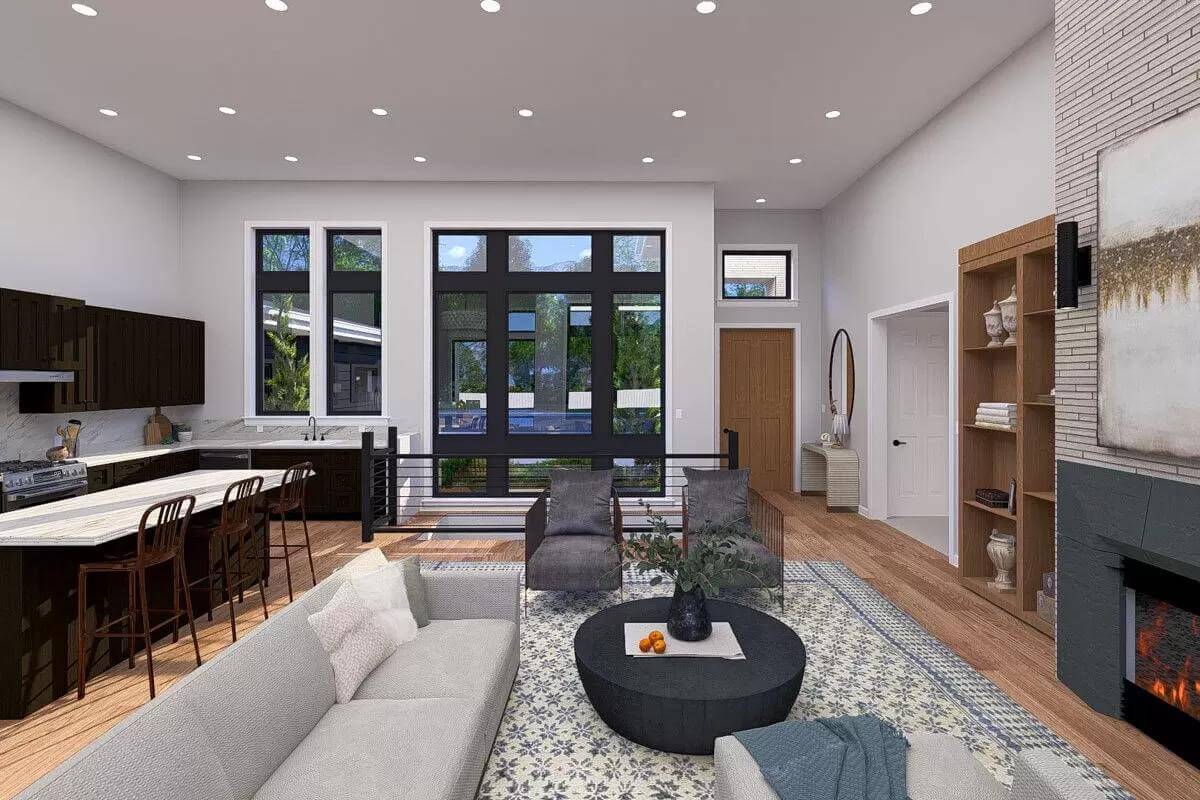 Large windows bring natural light into the living room.