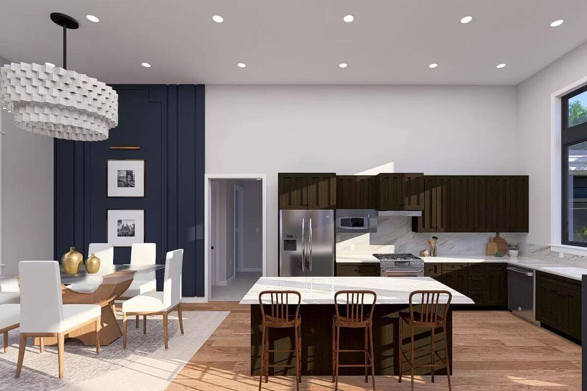 Kitchen with wooden cabinets, stainless steel appliances, and a breakfast island.