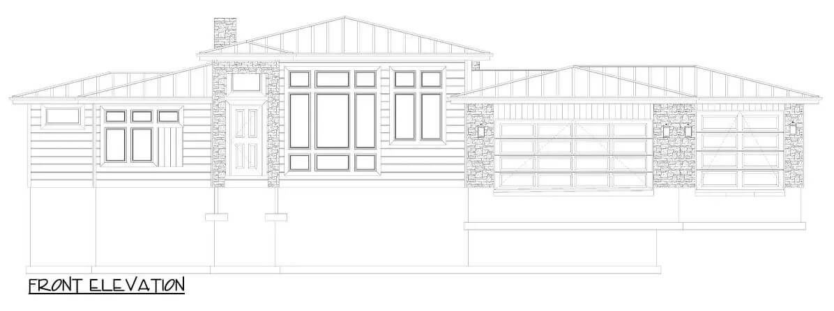 Front elevation sketch of the modern prairie style 3-bedroom home.