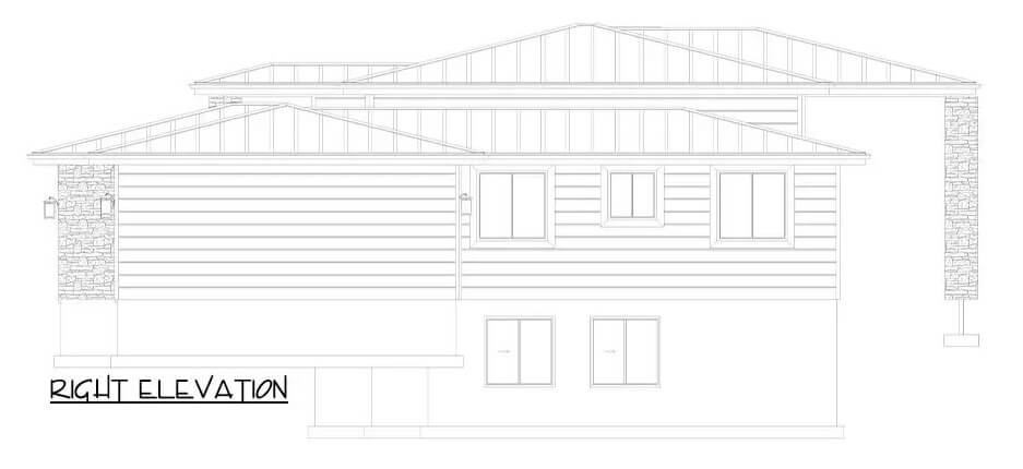Right elevation sketch of the modern prairie style 3-bedroom home.