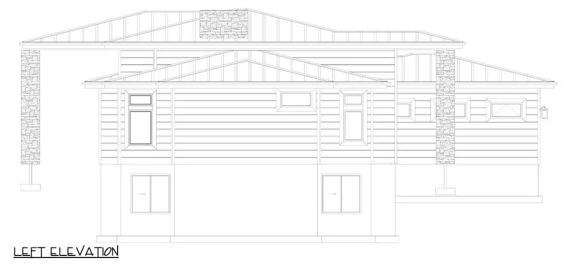 Left elevation sketch of the modern prairie style 3-bedroom home.