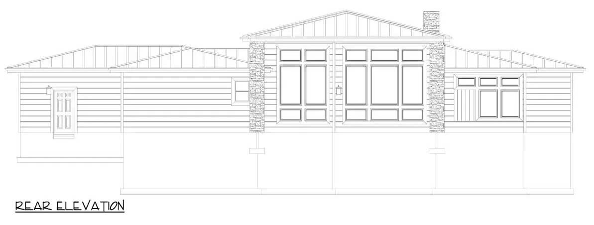 Rear elevation sketch of the modern prairie style 3-bedroom home.